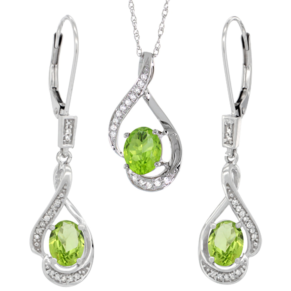 14K White Gold Diamond Natural Peridot Lever Back Earrings & Necklace Set Oval 7x5mm, 18 inch long
