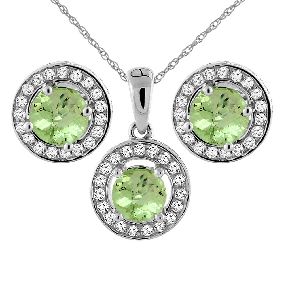 14K White Gold Natural Peridot Earrings and Pendant Set with Diamond Halo Round 5 mm