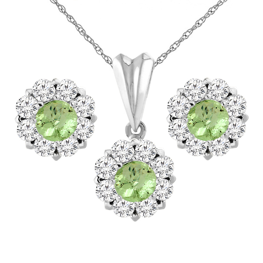 14K White Gold Natural Peridot Earrings and Pendant Set with Diamond Halo Round 6 mm