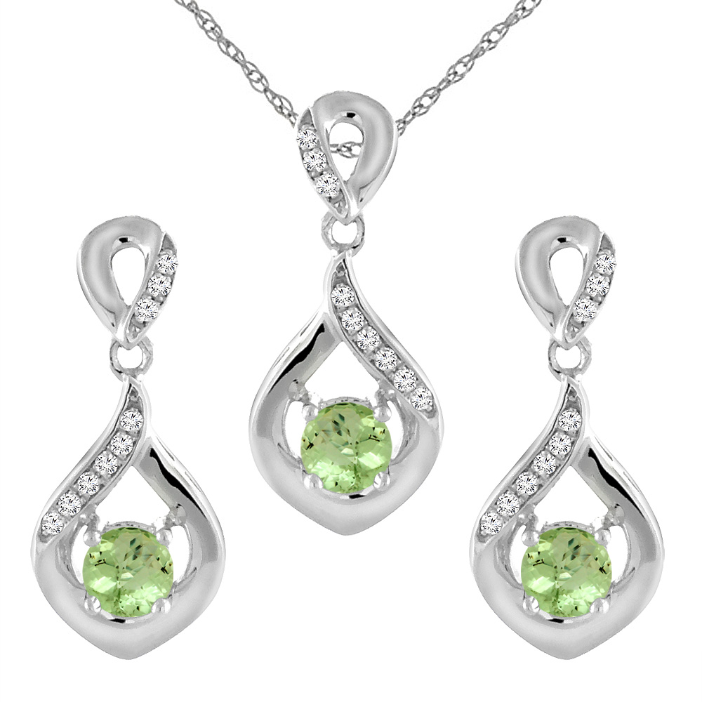14K White Gold Natural Peridot Earrings and Pendant Set with Diamond Accents Round 4 mm