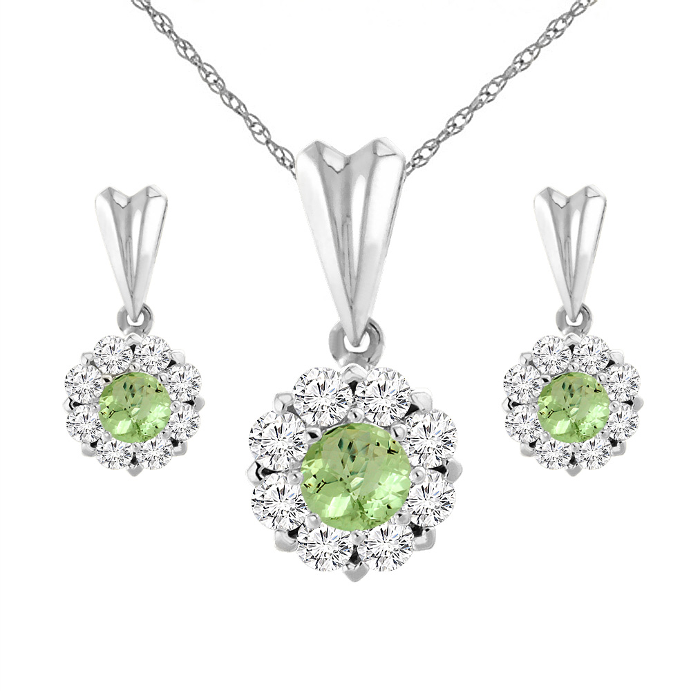 14K White Gold Natural Peridot Earrings and Pendant Set with Diamond Halo Round 4 mm