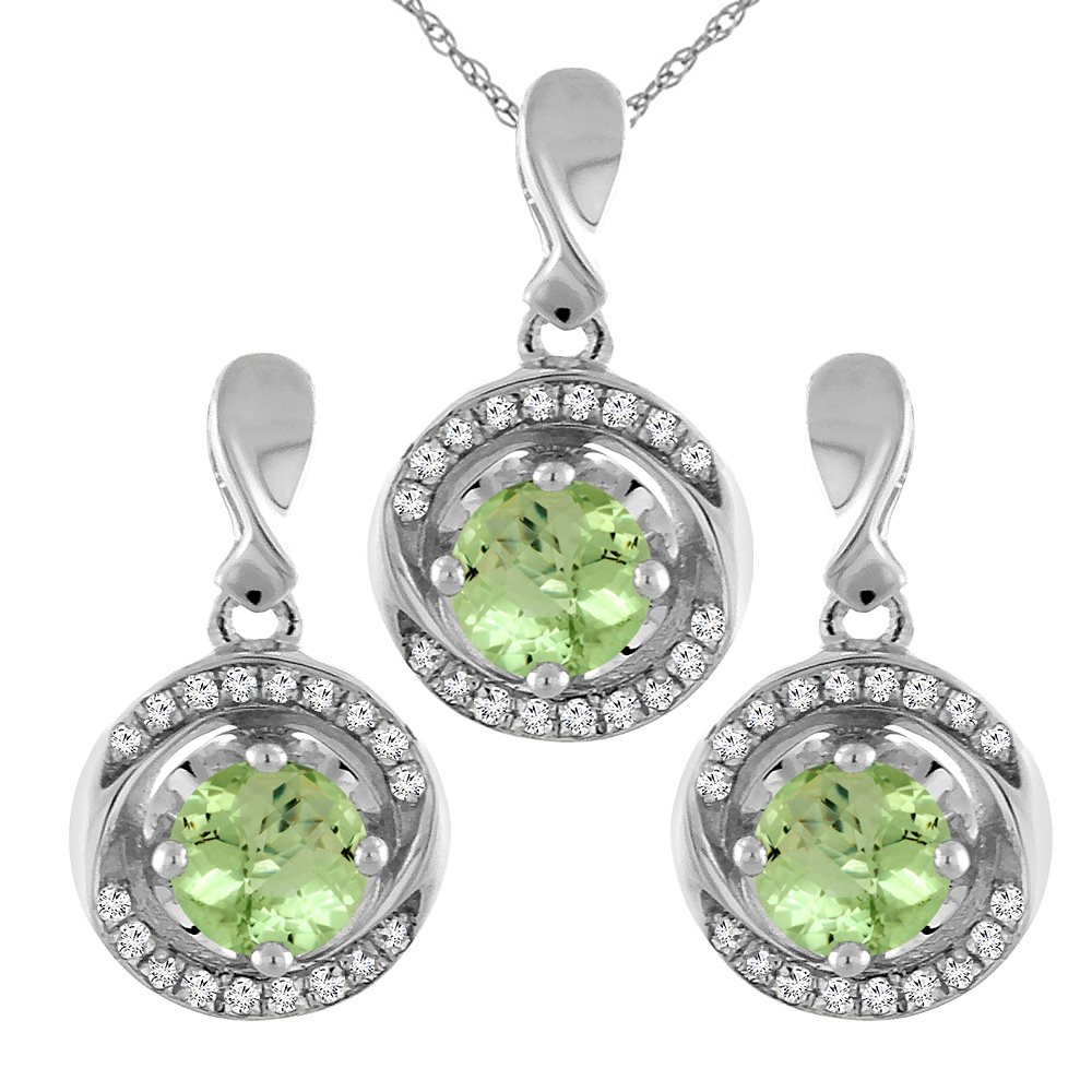 14K White Gold Natural Peridot Earrings and Pendant Set with Diamond Accents Round 4 mm