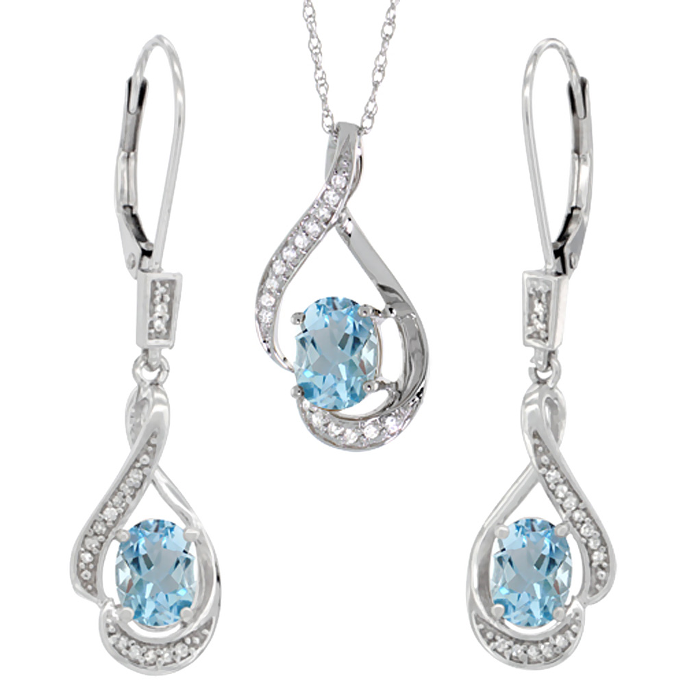 14K White Gold Diamond Natural Aquamarine Lever Back Earrings &amp; Necklace Set Oval 7x5mm, 18 inch long