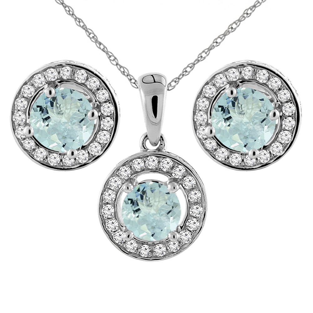14K White Gold Natural Aquamarine Earrings and Pendant Set with Diamond Halo Round 5 mm