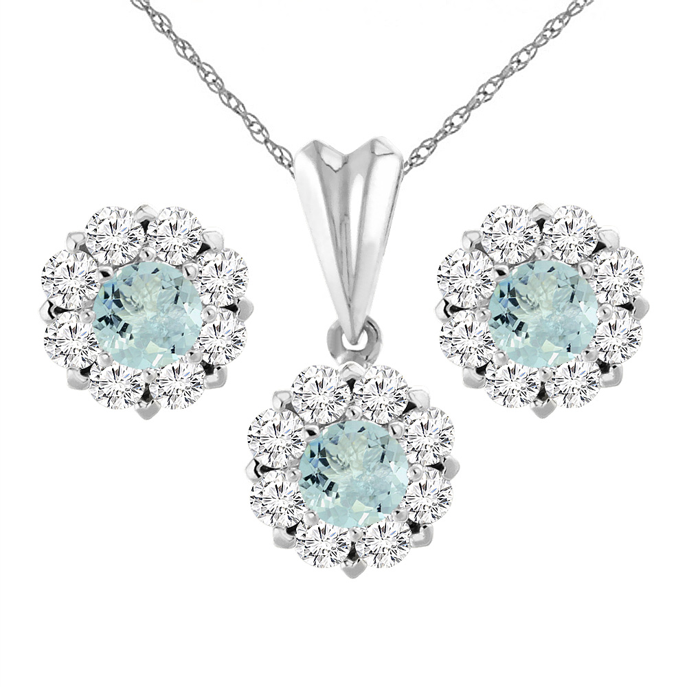 14K White Gold Natural Aquamarine Earrings and Pendant Set with Diamond Halo Round 6 mm