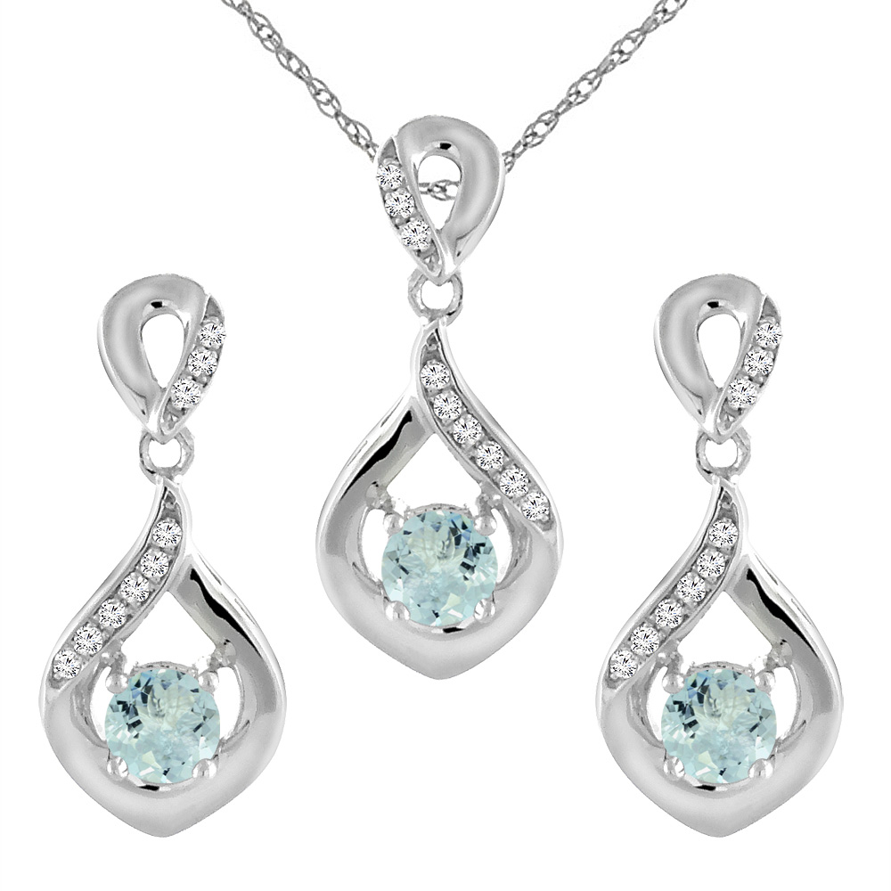 14K White Gold Natural Aquamarine Earrings and Pendant Set with Diamond Accents Round 4 mm