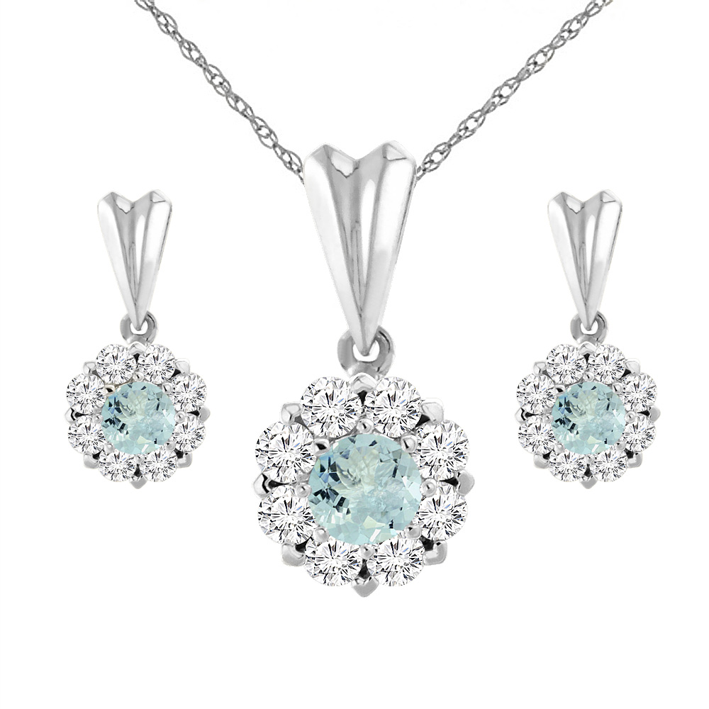 14K White Gold Natural Aquamarine Earrings and Pendant Set with Diamond Halo Round 4 mm