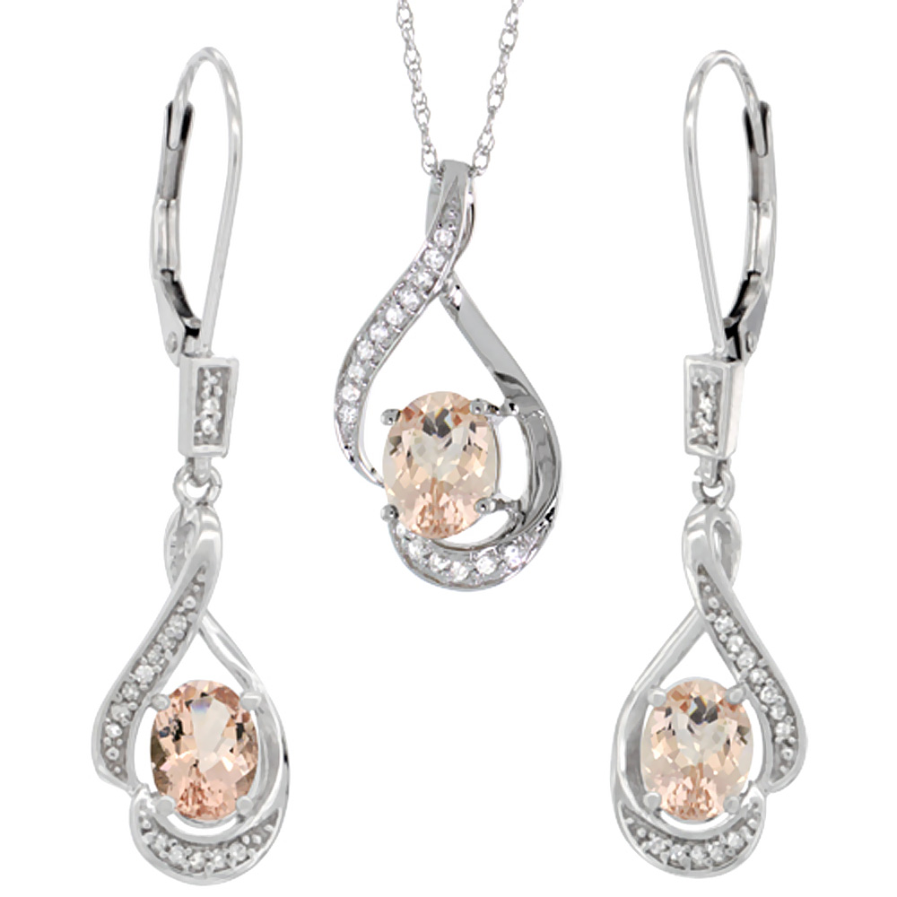 14K White Gold Diamond Natural Morganite Lever Back Earrings & Necklace Set Oval 7x5mm, 18 inch long