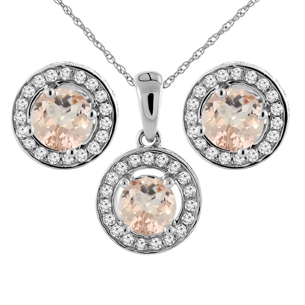 14K White Gold Natural Morganite Earrings and Pendant Set with Diamond Halo Round 5 mm