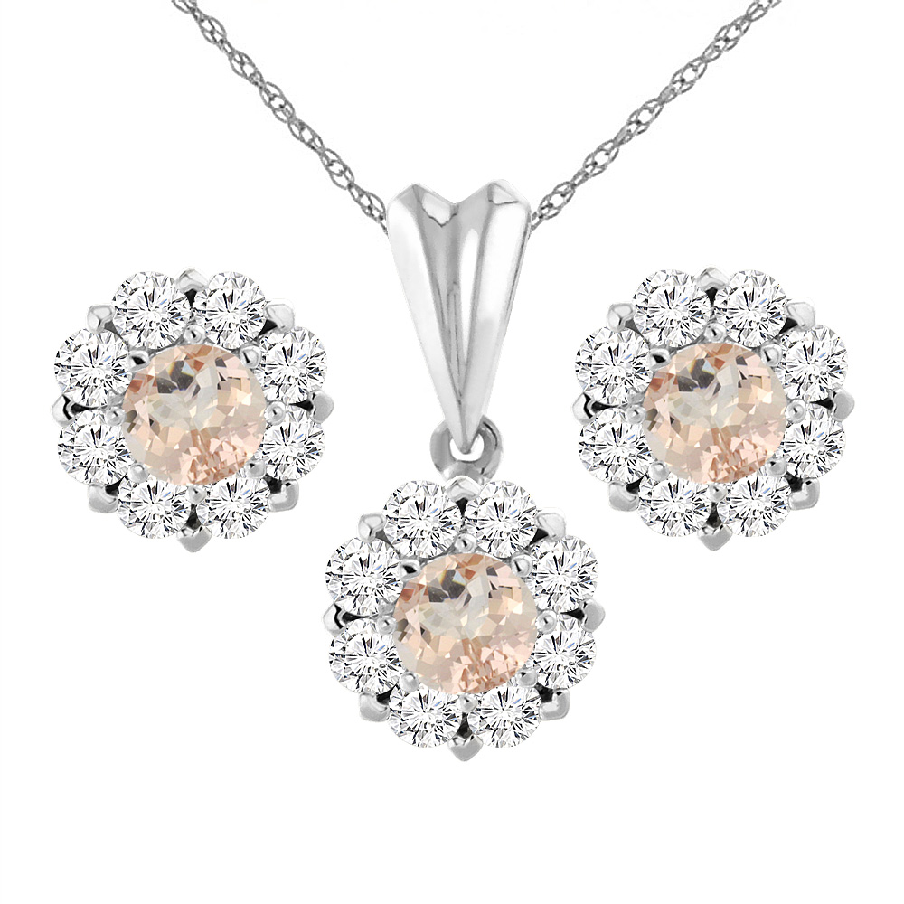 14K White Gold Natural Morganite Earrings and Pendant Set with Diamond Halo Round 6 mm