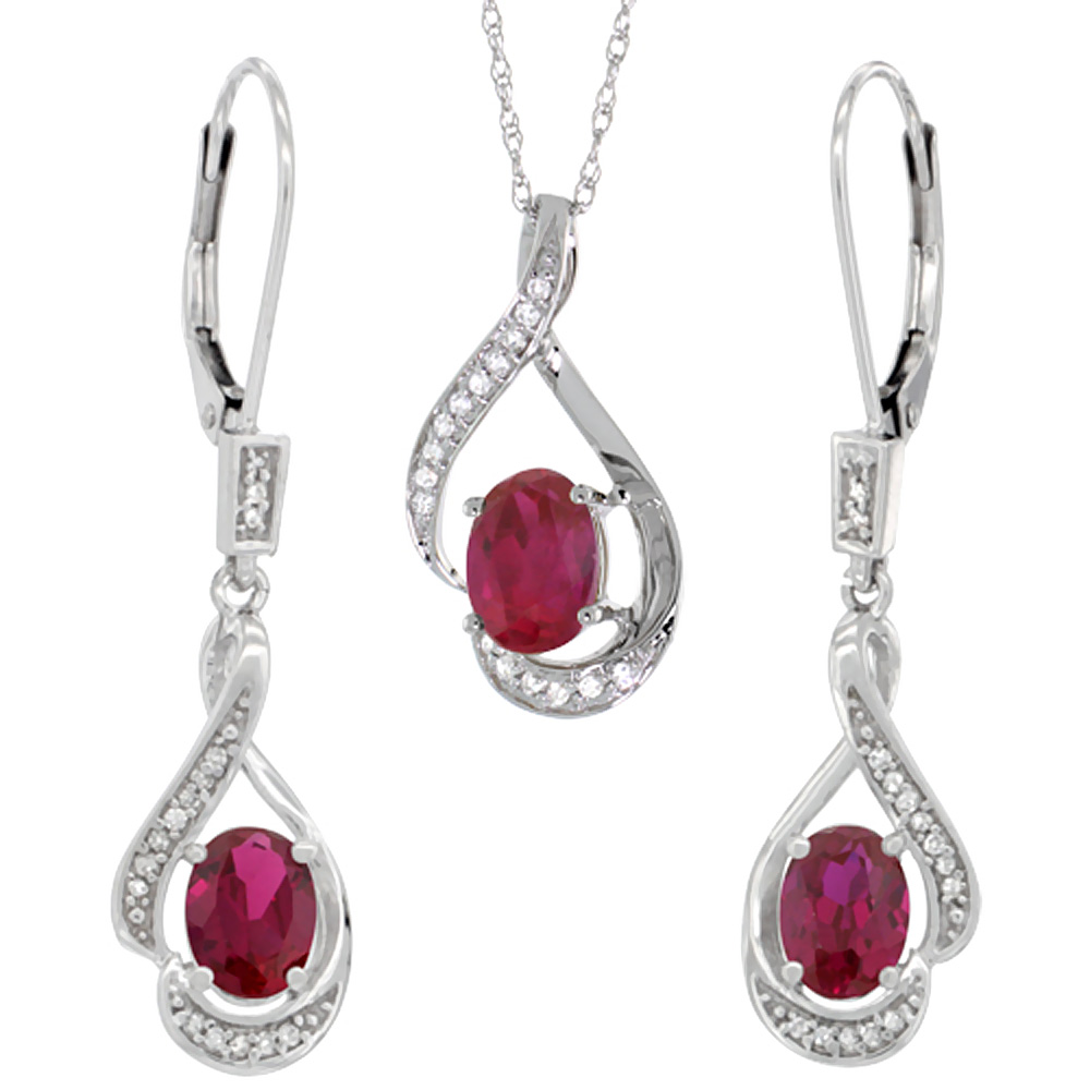 14K White Gold Diamond Natural Quality Ruby Lever Back Earrings &amp; Necklace Set Oval 7x5mm, 18 inch long