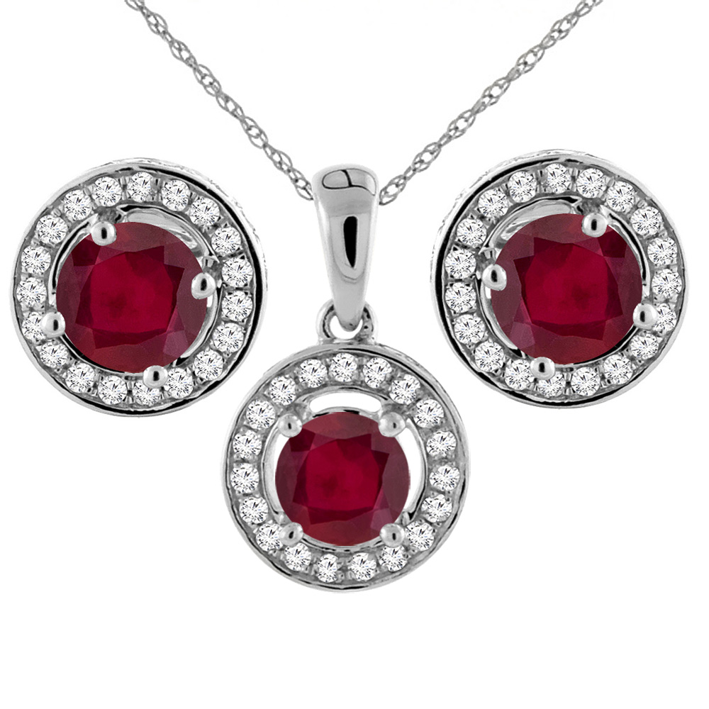 14K White Gold Enhanced Genuine Ruby Earrings and Pendant Set with Diamond Halo Round 5 mm