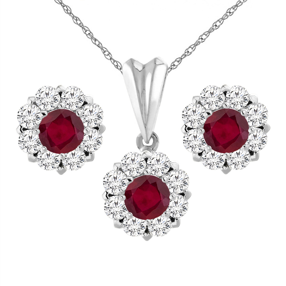 14K White Gold Enhanced Genuine Ruby Earrings and Pendant Set with Diamond Halo Round 6 mm