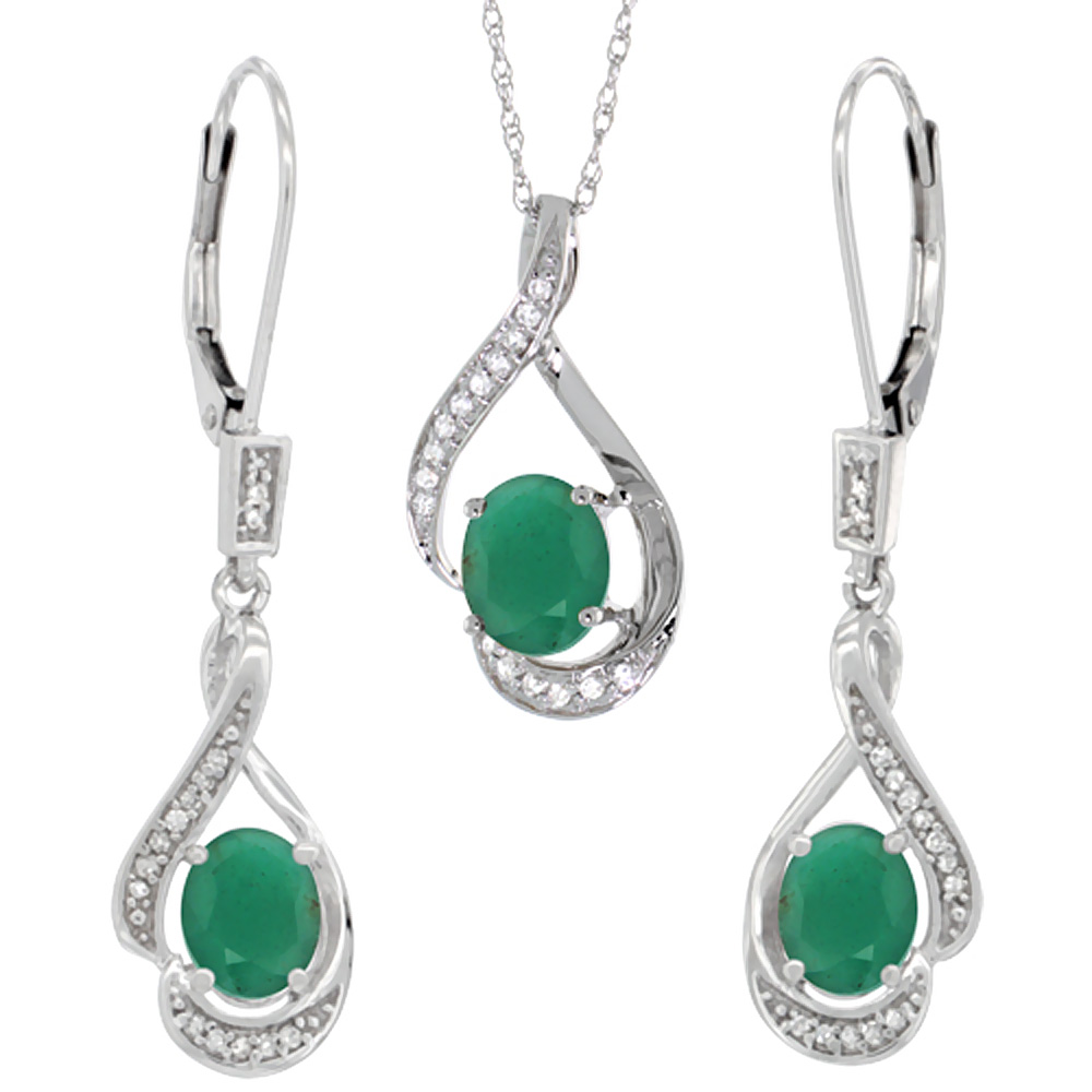 14K White Gold Diamond Natural Emerald Lever Back Earrings &amp; Necklace Set Oval 7x5mm, 18 inch long