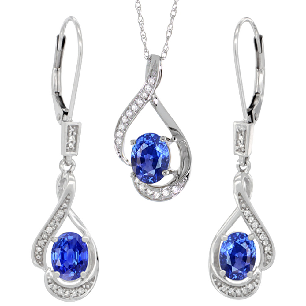 14K White Gold Diamond Natural Blue Sapphire Lever Back Earrings &amp; Necklace Set Oval 7x5mm, 18 inch long