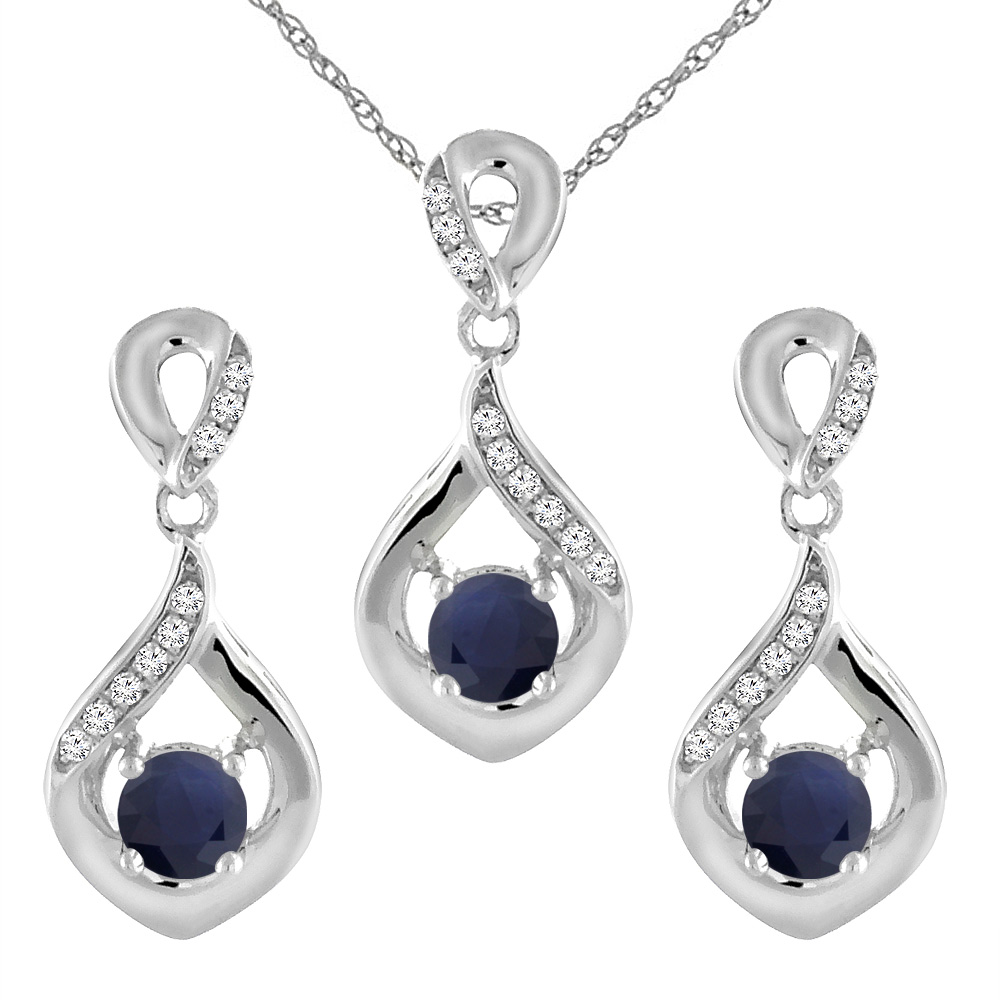 14K White Gold Diamond Halo Natural Quality Blue Sapphire Earrings & Pendant Set Round 4 mm