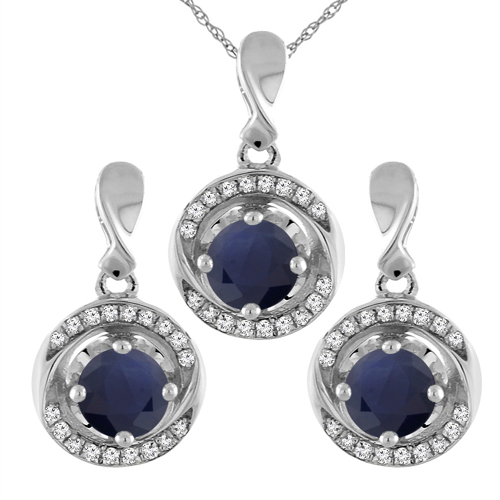 14K White Gold Natural Blue Sapphire Earrings and Pendant Set with Diamond Accents Round 4 mm