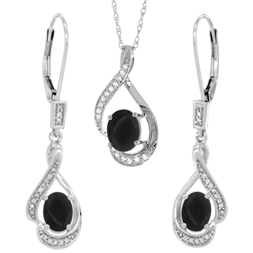 14K White Gold Diamond Natural Black Onyx Lever Back Earrings & Necklace Set Oval 7x5mm, 18 inch long