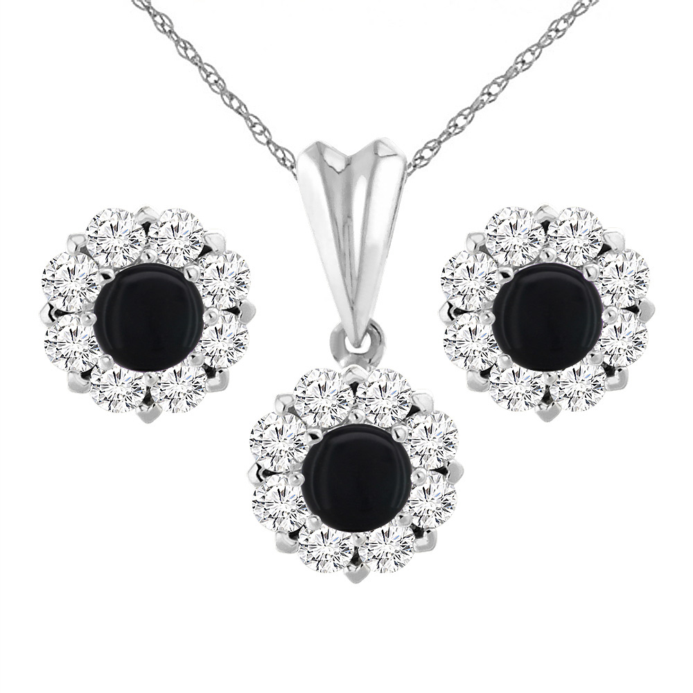 14K White Gold Natural Black Onyx Earrings and Pendant Set with Diamond Halo Round 6 mm