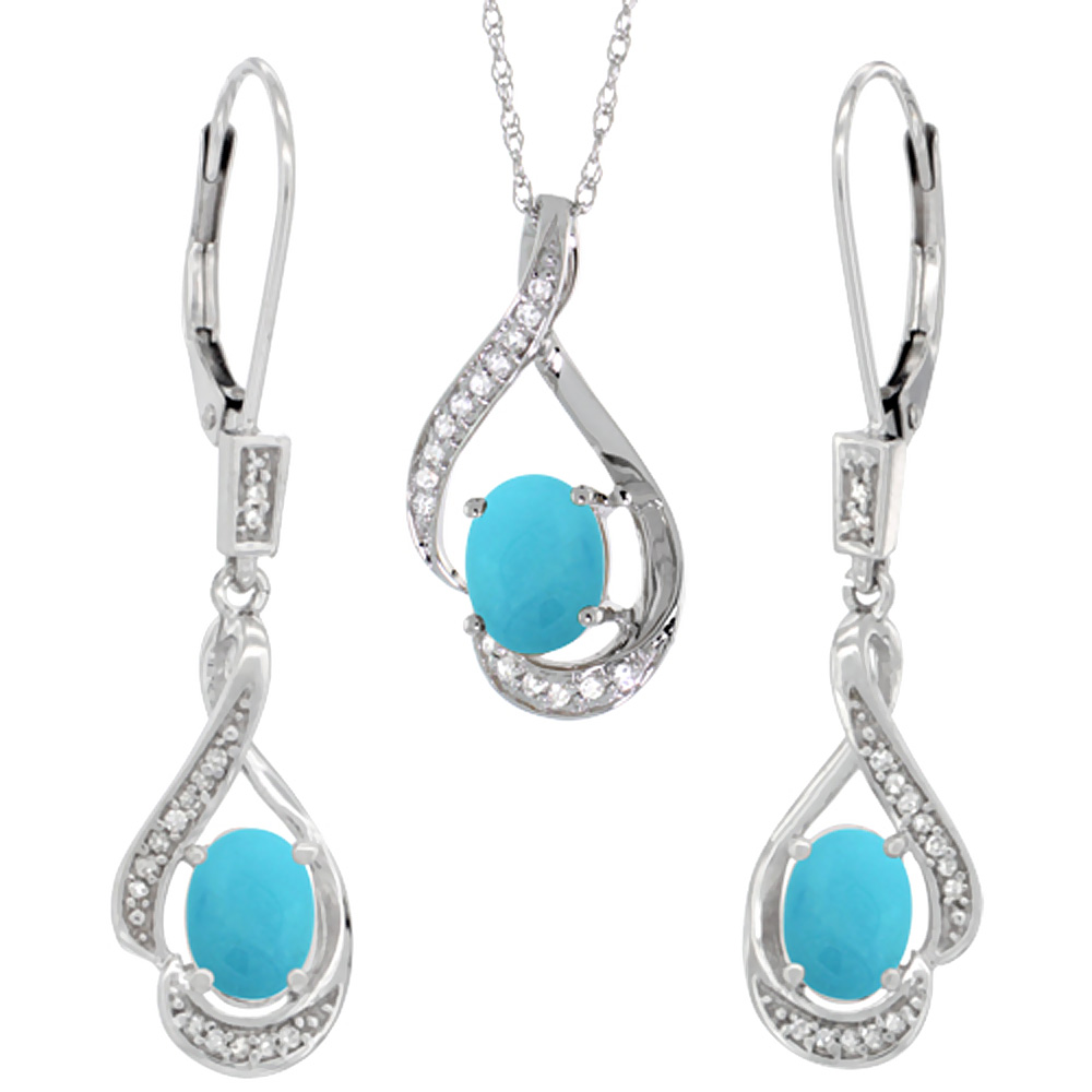 14K White Gold Diamond Natural Turquoise Lever Back Earrings &amp; Necklace Set Oval 7x5mm, 18 inch long