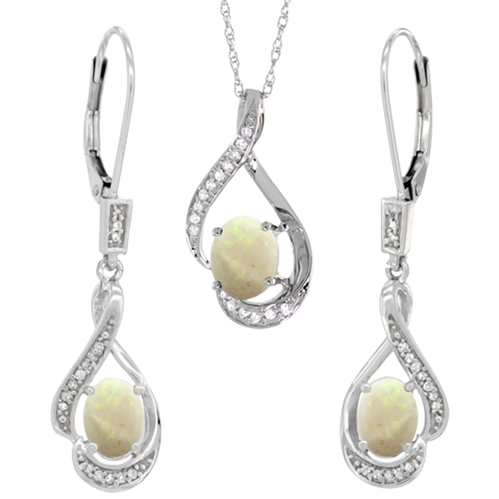 14K White Gold Diamond Natural Opal Lever Back Earrings &amp; Necklace Set Oval 7x5mm, 18 inch long