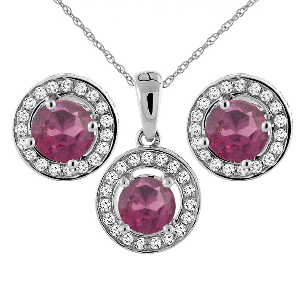 14K White Gold Natural Rhodolite Earrings and Pendant Set with Diamond Halo Round 5 mm