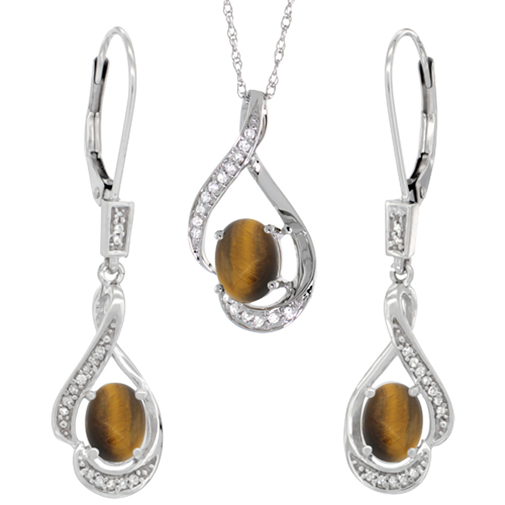 14K White Gold Diamond Natural Tiger Eye Lever Back Earrings & Necklace Set Oval 7x5mm, 18 inch long
