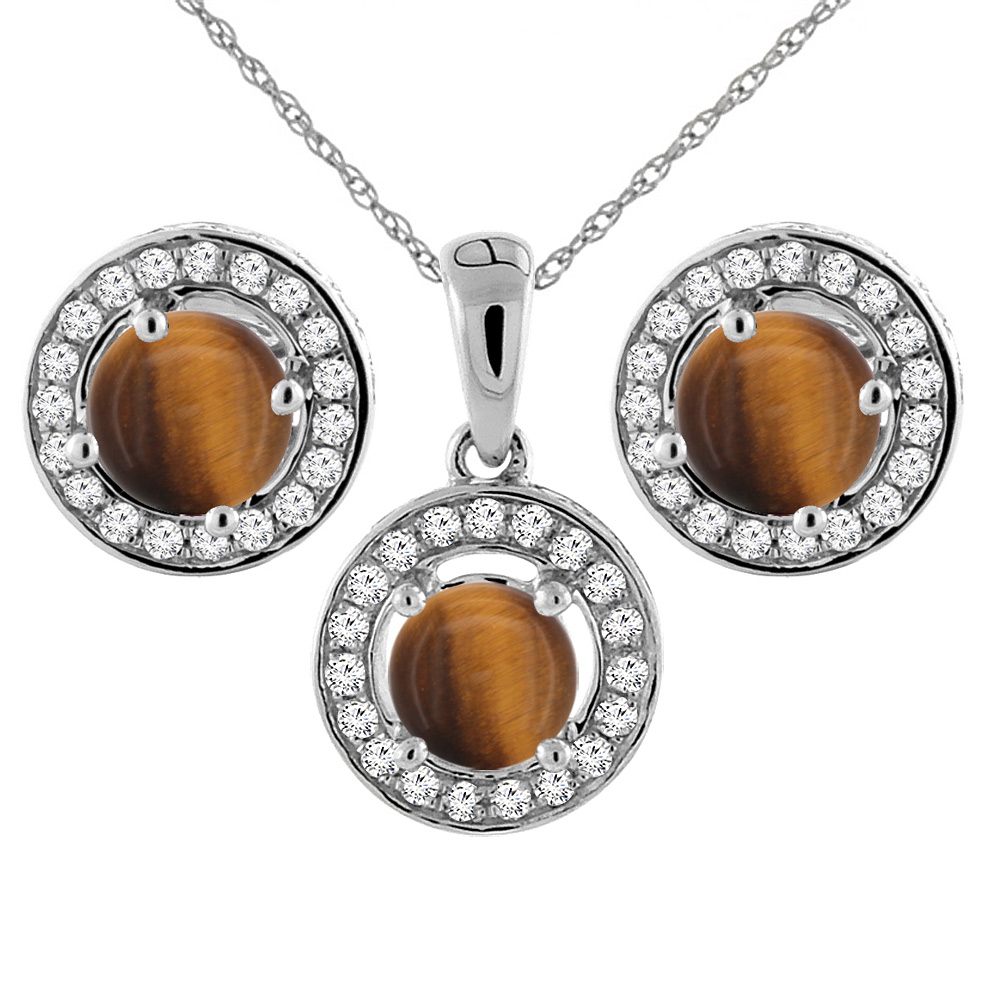 14K White Gold Natural Tiger Eye Earrings and Pendant Set with Diamond Halo Round 5 mm