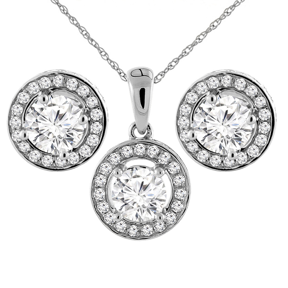 14K White Gold 2 cttw Genuine Diamond Earrings and Pendant Set Halo Round 4.8 mm