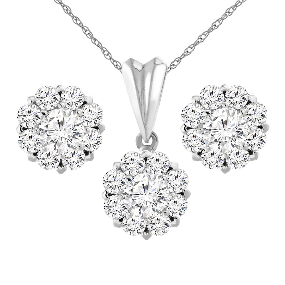 14K White Gold 3.6 cttw Genuine Diamond Earrings and Pendant Set Halo Round 5.5 mm