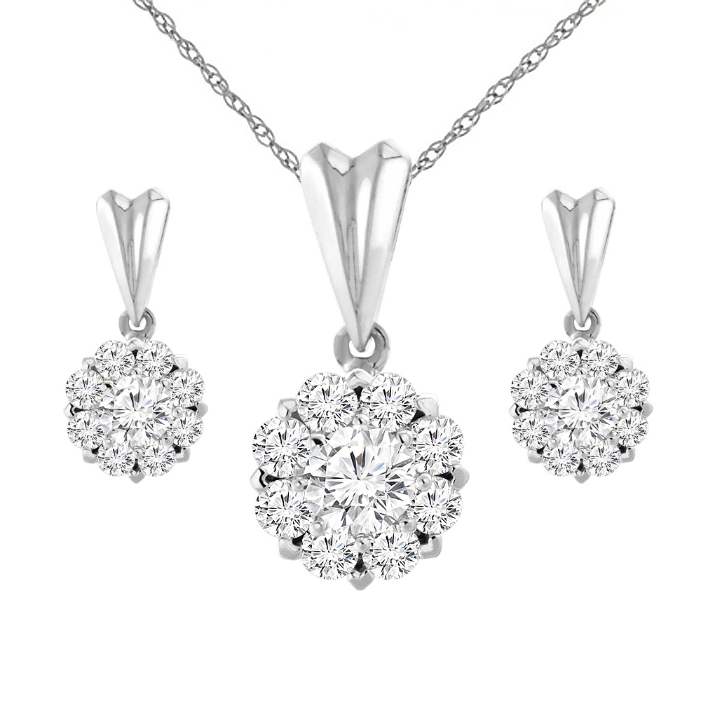 14K White Gold 2 cttw Genuine Diamond Earrings and Pendant Set Halo Round 4.1 mm