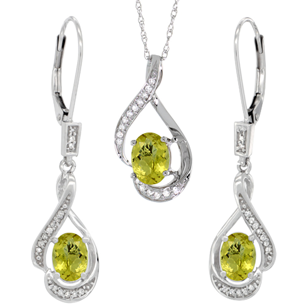 14K White Gold Diamond Natural Lemon Quartz Lever Back Earrings &amp; Necklace Set Oval 7x5mm, 18 inch long