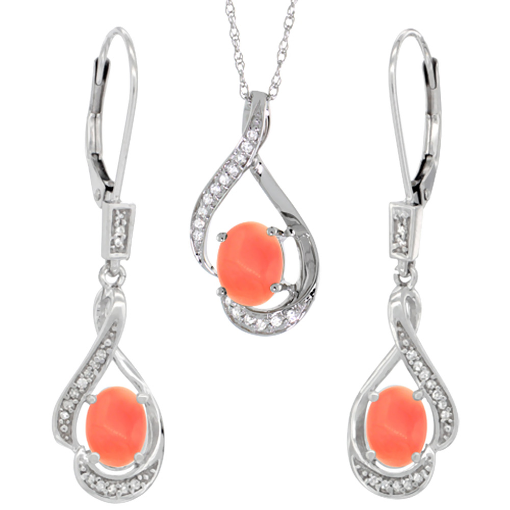 14K White Gold Diamond Natural Coral Lever Back Earrings &amp; Necklace Set Oval 7x5mm, 18 inch long