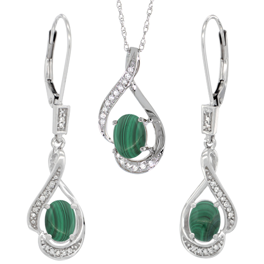 14K White Gold Diamond Natural Malachite Lever Back Earrings &amp; Necklace Set Oval 7x5mm, 18 inch long