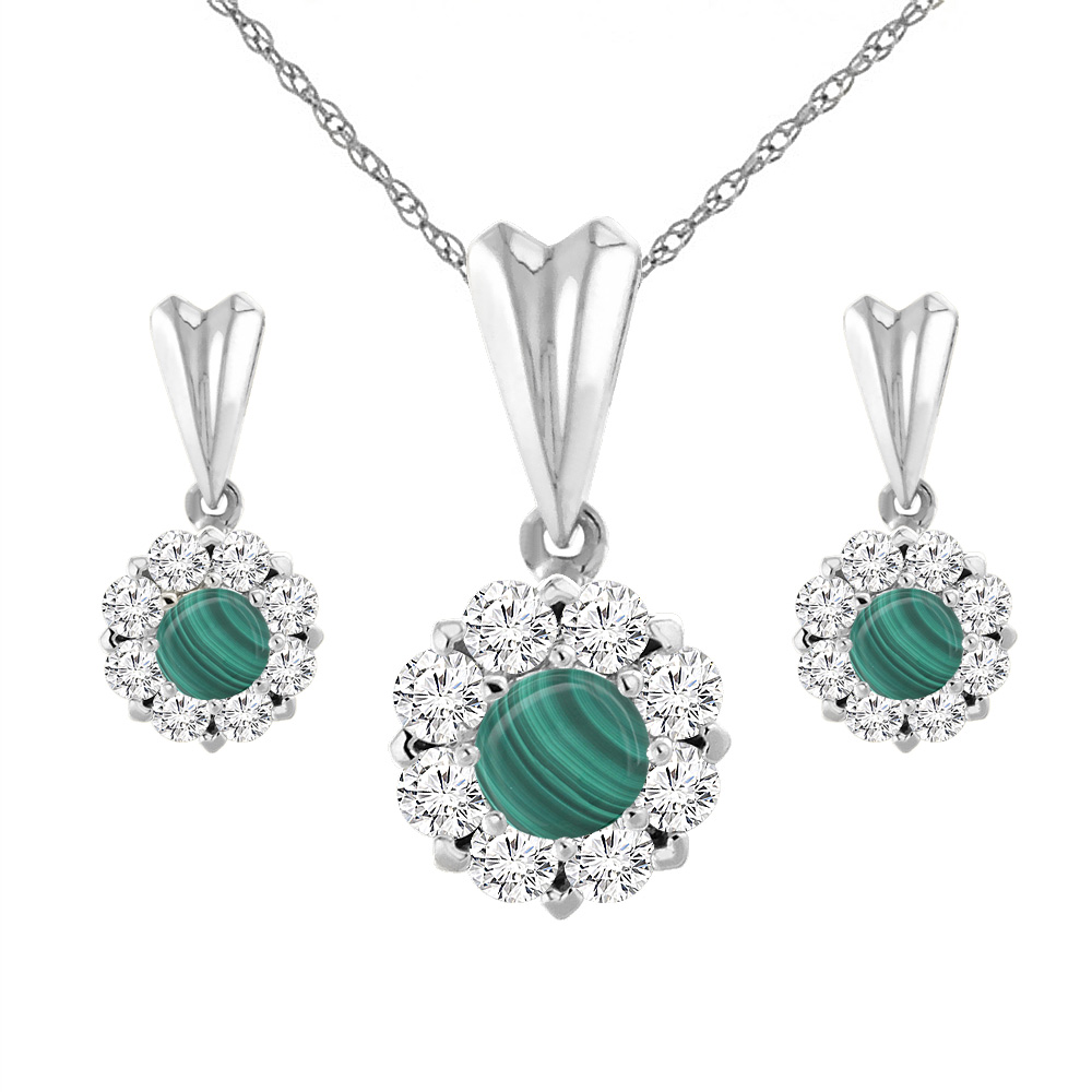 14K White Gold Natural Malachite Earrings and Pendant Set with Diamond Halo Round 4 mm