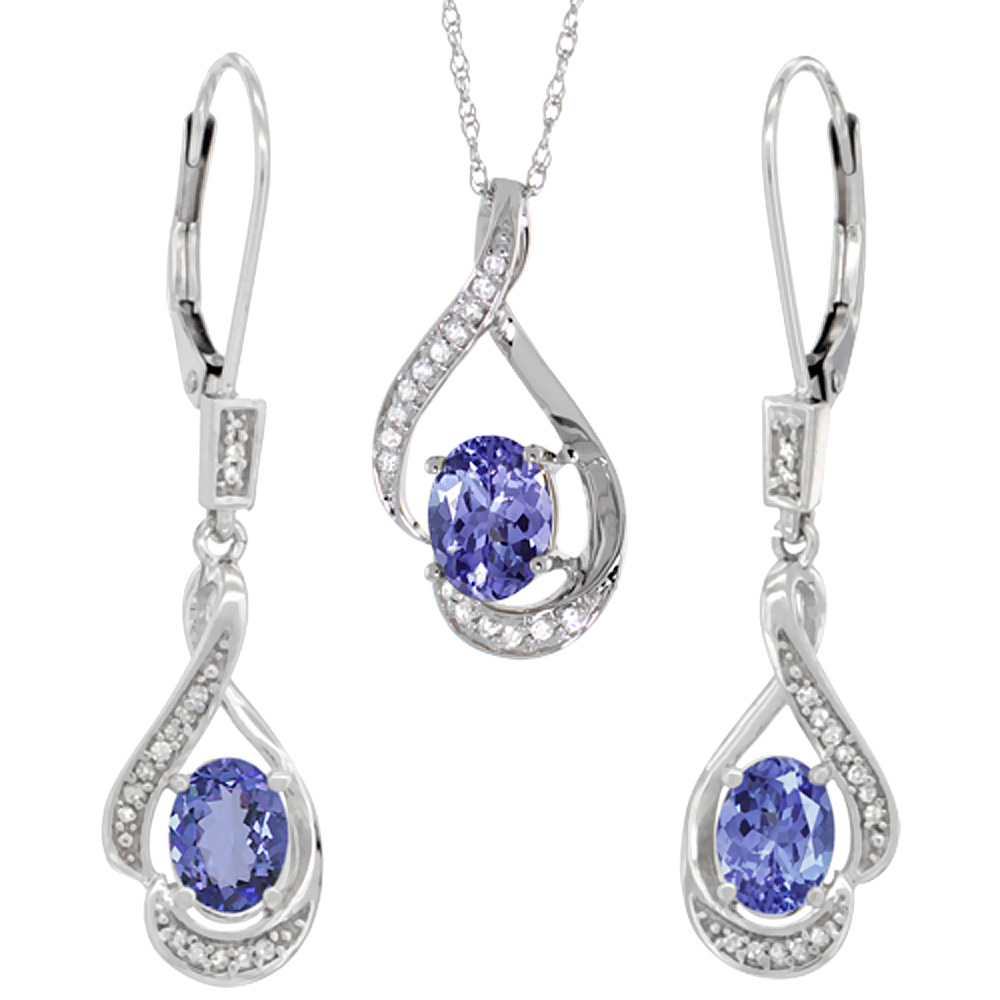 14K White Gold Diamond Natural Tanzanite Lever Back Earrings &amp; Necklace Set Oval 7x5mm, 18 inch long