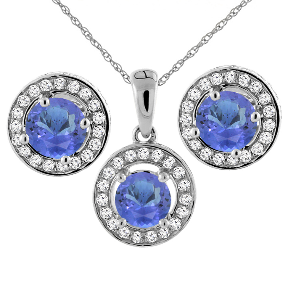 14K White Gold Natural Tanzanite Earrings and Pendant Set with Diamond Halo Round 5 mm