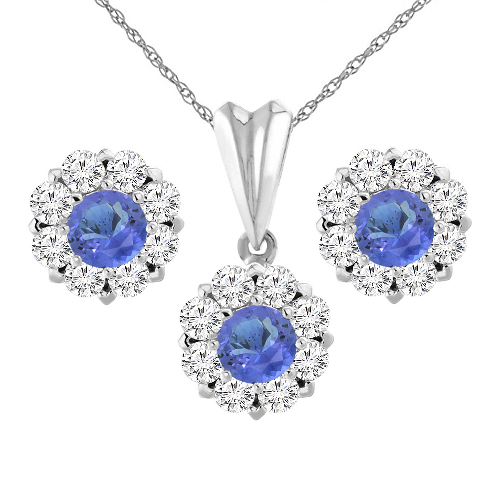 14K White Gold Natural Tanzanite Earrings and Pendant Set with Diamond Halo Round 6 mm