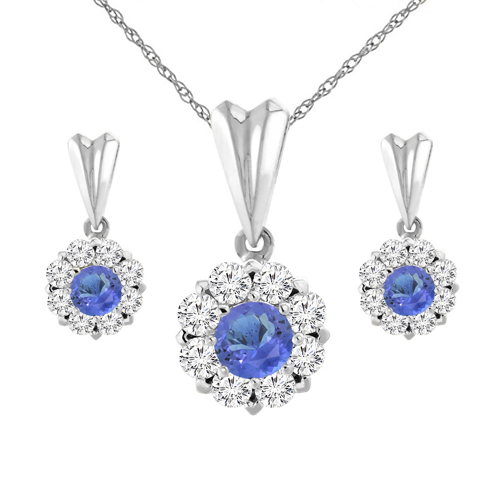 14K White Gold Natural Tanzanite Earrings and Pendant Set with Diamond Halo Round 4 mm