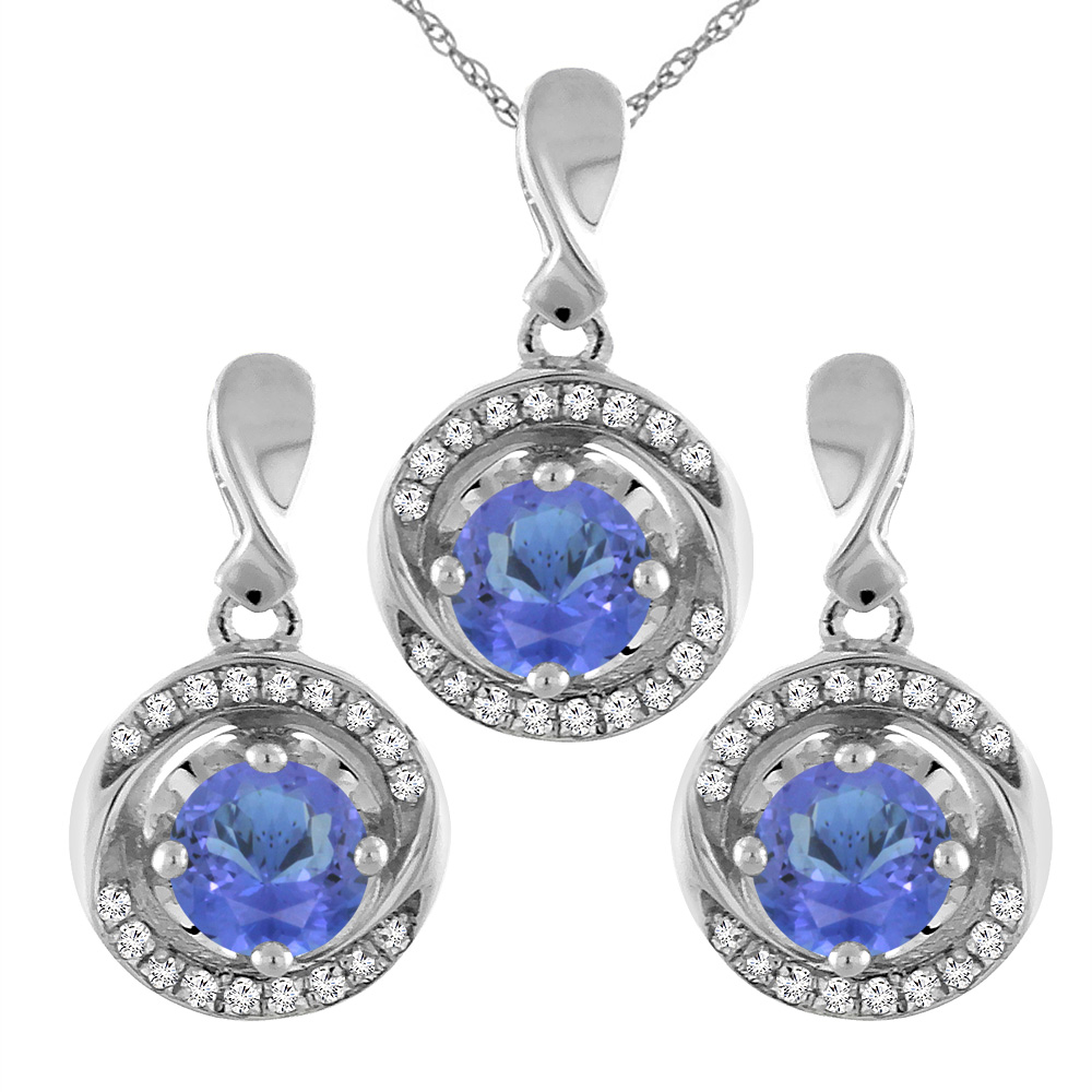 14K White Gold Natural Tanzanite Earrings and Pendant Set with Diamond Accents Round 4 mm