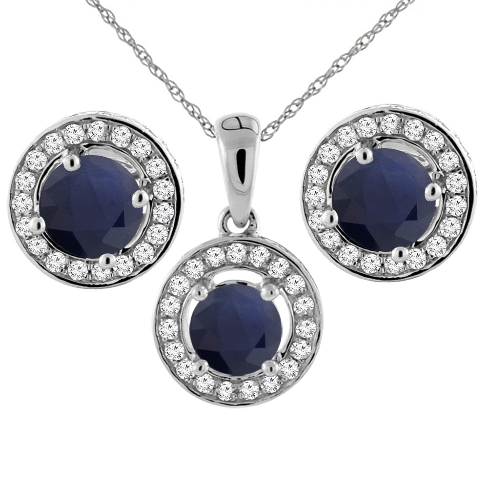 14K White Gold Diamond Halo Natural Quality Blue Sapphire Earrings & Pendant Set Round 5 mm