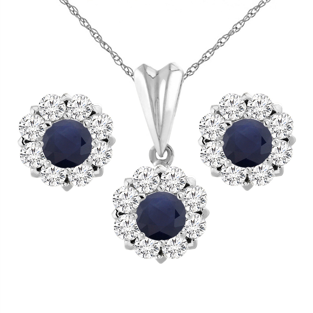 14K White Gold Diamond Halo Natural Quality Blue Sapphire Earrings & Pendant Set Round 6 mm