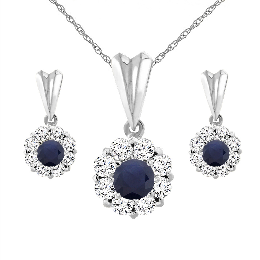 14K White Gold Diamond Halo Natural Quality Blue Sapphire Earrings & Pendant Set Round 4 mm