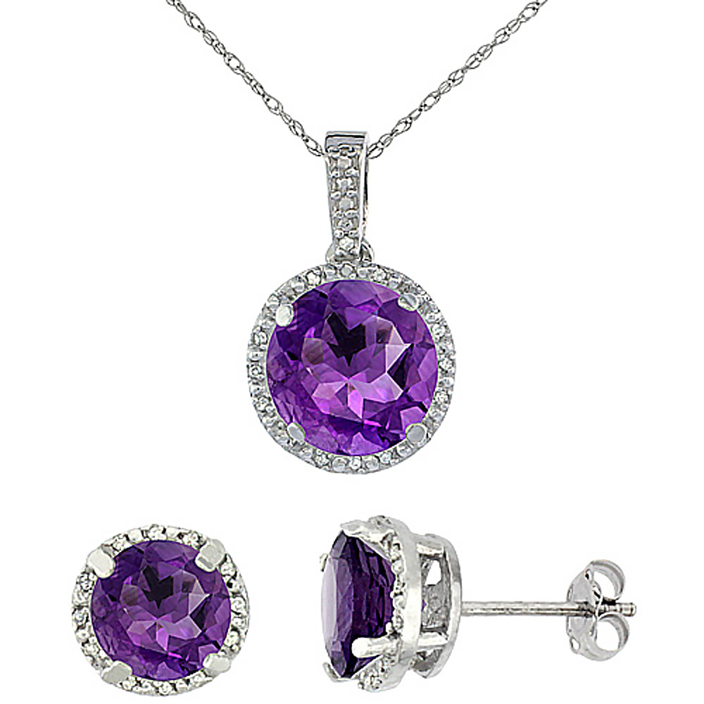 10K White Gold Natural Round Amethyst Earrings & Pendant Set Diamond Accents
