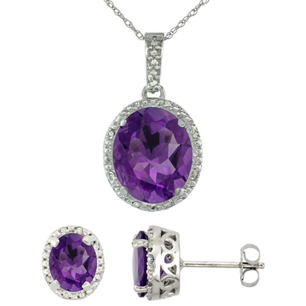 10K White Gold Diamond Halo Natural Amethyst Earrings Necklace Set Oval 7x5mm & 12x10mm, 18 inch