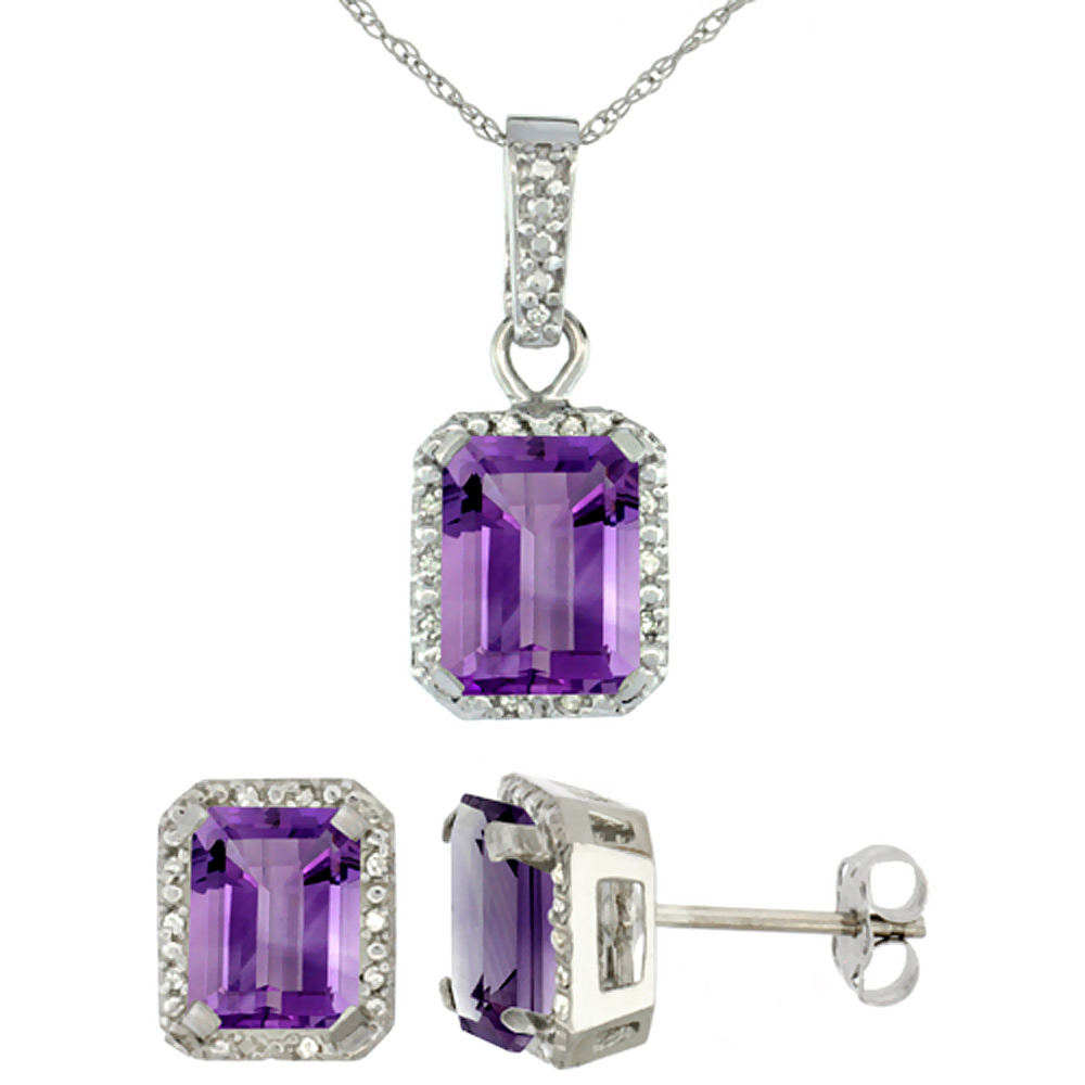 10K White Gold Natural Octagon 8x6 mm Amethyst Earrings & Pendant Set Diamond Accents