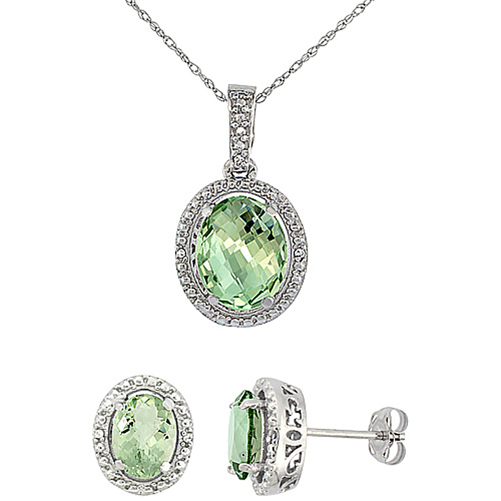 10K White Gold Diamond Natural Green Amethyst Oval Earrings & Pendant Set