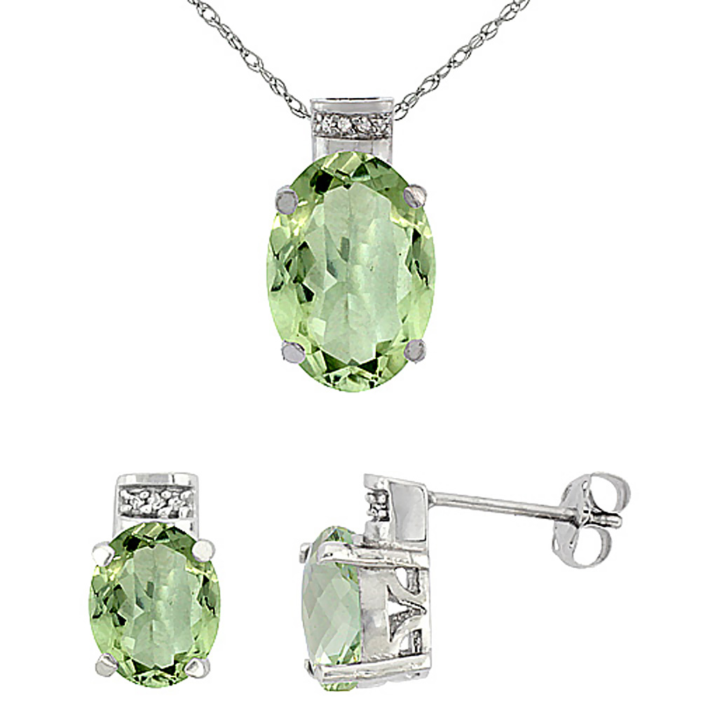 10K White Gold Diamond Natural Oval Green Amethyst Earrings & Pendant Set