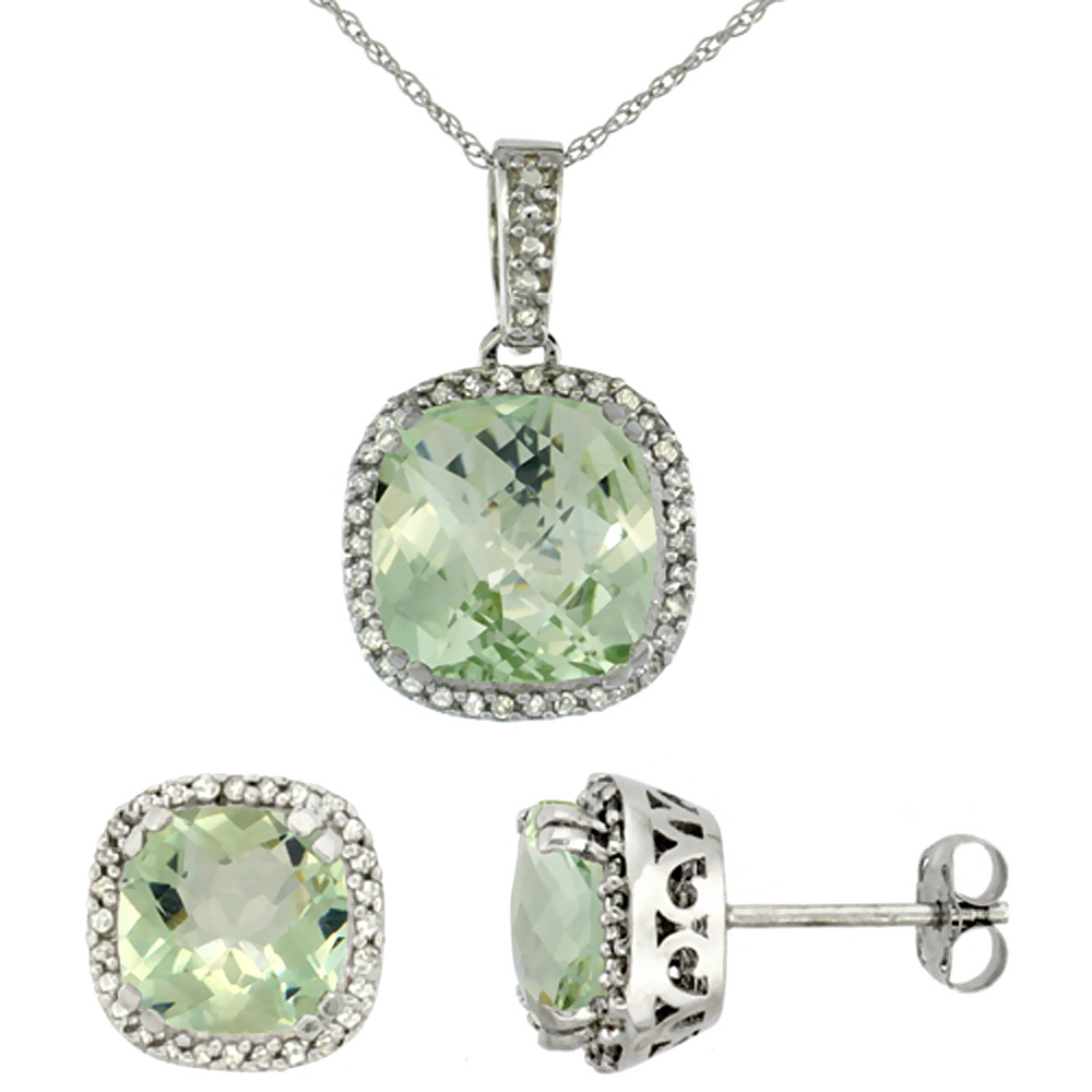10k White Gold Diamond Halo Natural Green Amethyst Earring Necklace Set 7x7mm & 10x10mm Cushion, 18 inch
