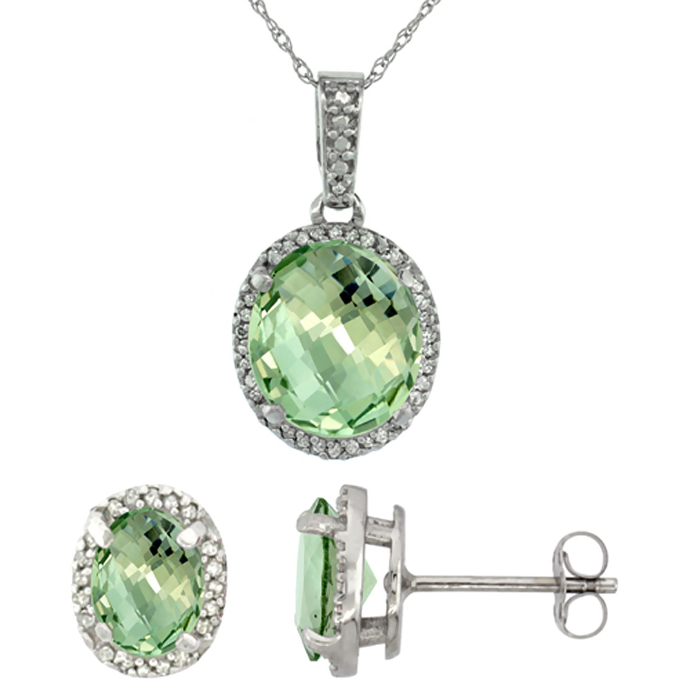 10K White Gold Diamond Natural Green Amethyst Oval Earrings & Pendant Set